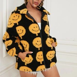Smiley face pattern drop shoulder zipper Teddy jacket